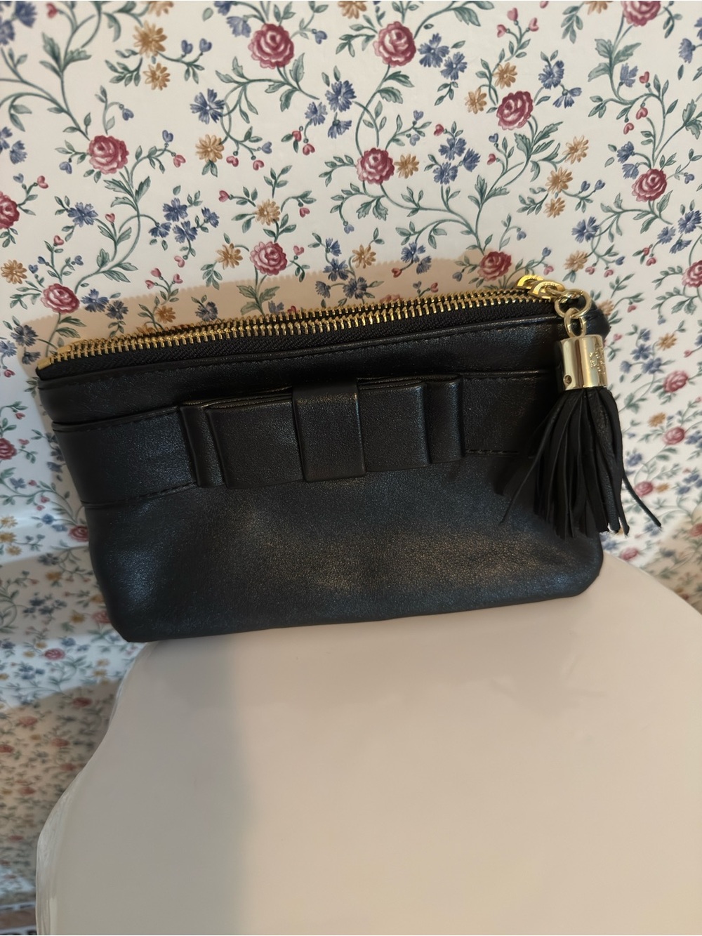 Ann Taylor New Black Leatherette Zip Pouch with Tassels